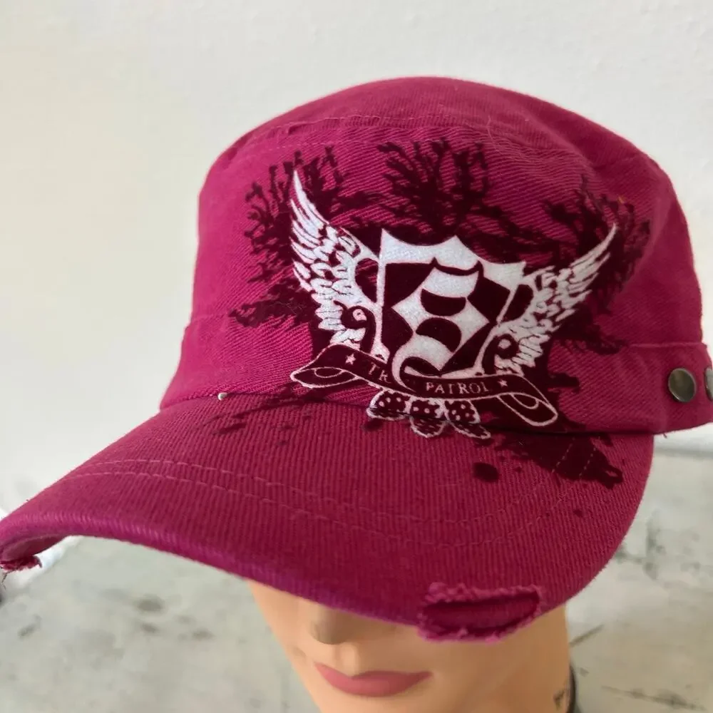 Vintage Y2K Pink Distressed Military Cadet Hat Flocked Graphic Biker Cap grunge - Picture 3 of 11